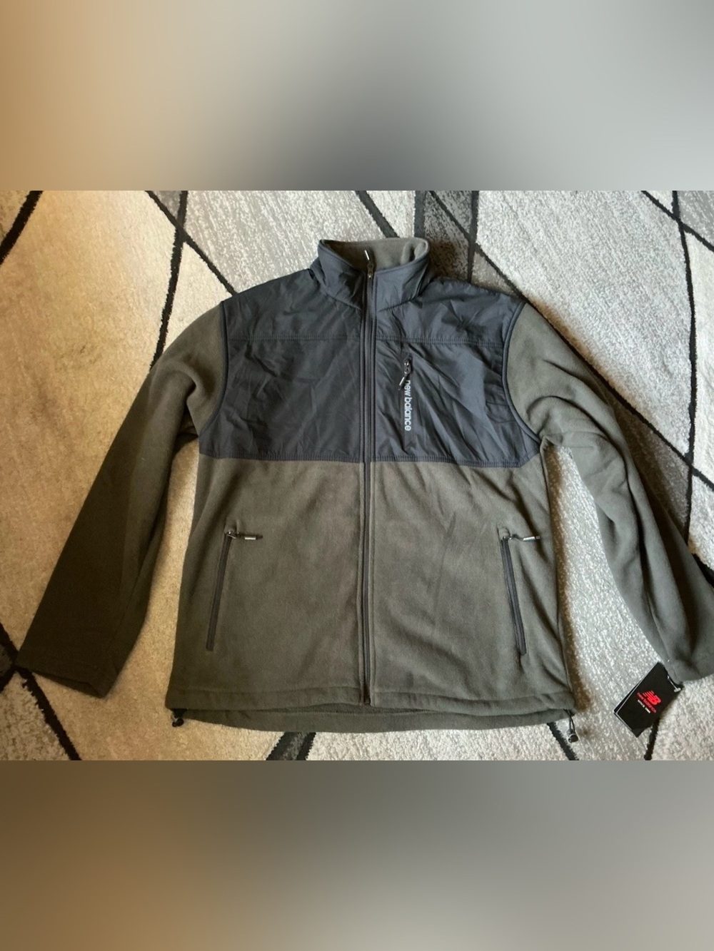 Size Large - New Balance Olive Green Overlay Fabric Fleece Full Zip Jacket